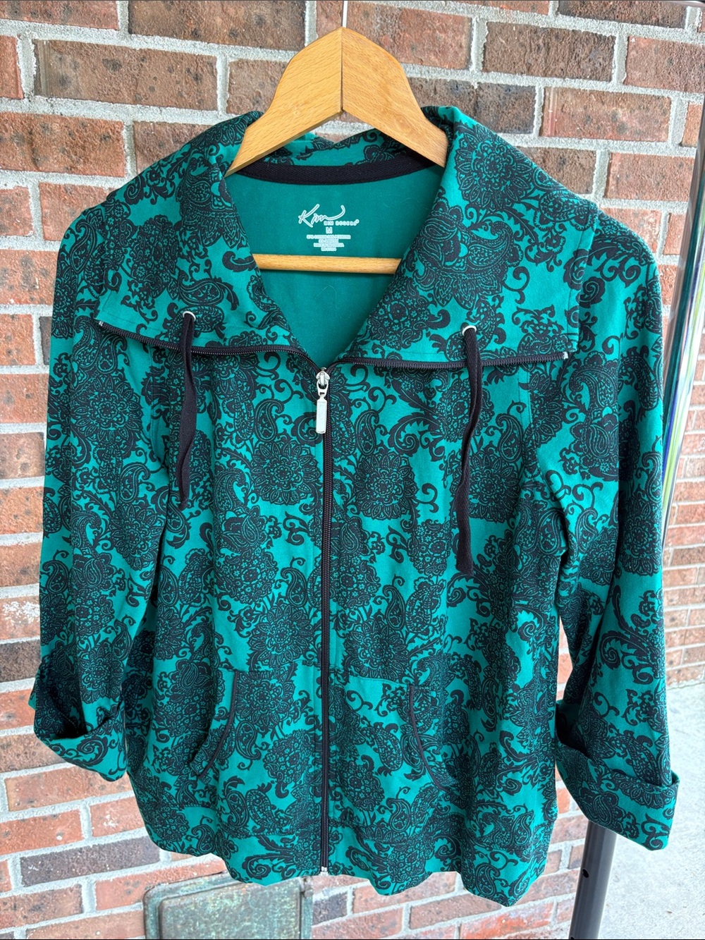 Teal and Black Paisley Zip-Up Utility Jacket